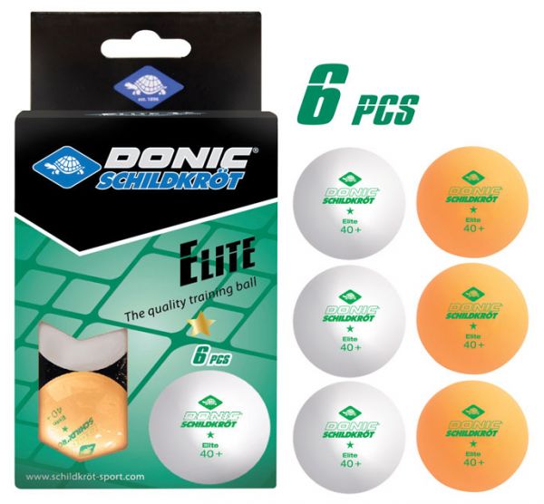 Tischtennisball 1-Stern Elite Poly 40+, 3x Weiß / 3x Orange
